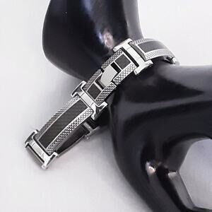 Heavy Duty Steel Bracelet And Black Long Panel Links Fold Over Clasp